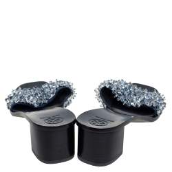 Pre Owned صندل سلايد توري برش ساتان أزرق كحلي مزخرف خرز كعب سميك مقاس 40