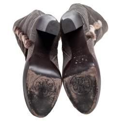 Pre Owned Tory Burch Brown Crinkled Leather and Shearling Fur Knee Length Boots Size 38.5