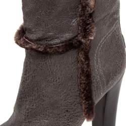 Pre Owned Tory Burch Brown Crinkled Leather and Shearling Fur Knee Length Boots Size 38.5