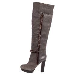 Pre Owned Tory Burch Brown Crinkled Leather and Shearling Fur Knee Length Boots Size 38.5