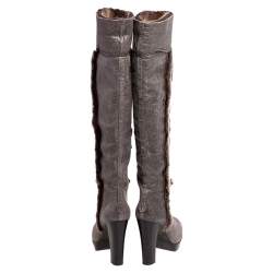 Pre Owned Tory Burch Brown Crinkled Leather and Shearling Fur Knee Length Boots Size 38.5