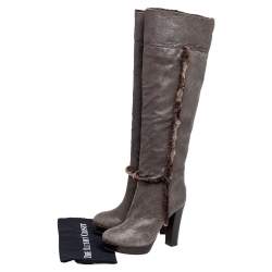 Pre Owned Tory Burch Brown Crinkled Leather and Shearling Fur Knee Length Boots Size 38.5