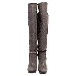 Pre Owned Tory Burch Brown Crinkled Leather and Shearling Fur Knee Length Boots Size 38.5