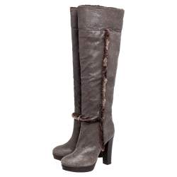 Pre Owned Tory Burch Brown Crinkled Leather and Shearling Fur Knee Length Boots Size 38.5