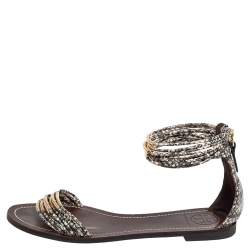 مملوكة مسبقًا Tory Burch Beige/Black Python Embossed Leather Mignon Braided Flat Size 39