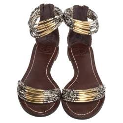 مملوكة مسبقًا Tory Burch Beige/Black Python Embossed Leather Mignon Braided Flat Size 39