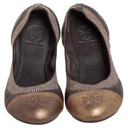 Pre Owned Tory Burch Gold/Brown Leather Scrunch Ballet Flats Size 35.5