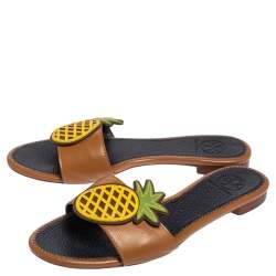 Pre Owned Tory Burch Brown Leather Pineapple Applique Slide Flat Sandals Size 37