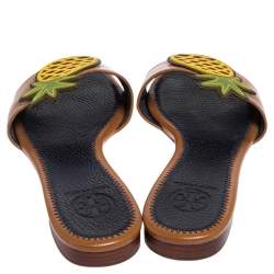 Pre Owned Tory Burch Brown Leather Pineapple Applique Slide Flat Sandals Size 37