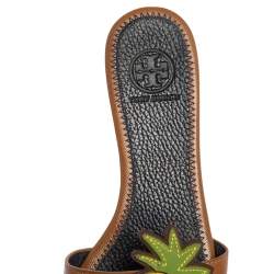 Pre Owned Tory Burch Brown Leather Pineapple Applique Slide Flat Sandals Size 37