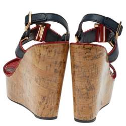 Tory Burch Red/Blue Leather Cork Wedge Platform Slingback Sandals Size 38