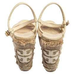 Pre Owned Tory Burch Cream Leather Wedge Slingback Sandals Size 36