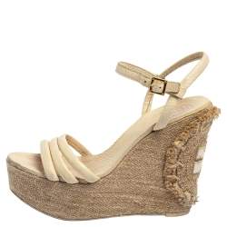 Pre Owned Tory Burch Cream Leather Wedge Slingback Sandals Size 36