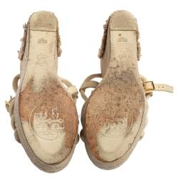 Pre Owned Tory Burch Cream Leather Wedge Slingback Sandals Size 36