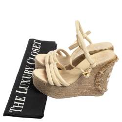 Pre Owned Tory Burch Cream Leather Wedge Slingback Sandals Size 36