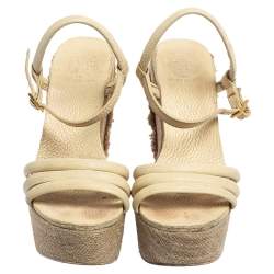Pre Owned Tory Burch Cream Leather Wedge Slingback Sandals Size 36
