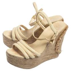 Pre Owned Tory Burch Cream Leather Wedge Slingback Sandals Size 36