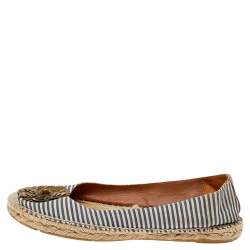 Pre Owned Tory Burch Beige/Blue Canvas Embellished Flats Size 38