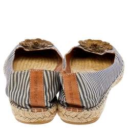 Pre Owned Tory Burch Beige/Blue Canvas Embellished Flats Size 38