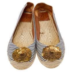 Pre Owned Tory Burch Beige/Blue Canvas Embellished Flats Size 38