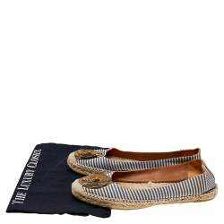Pre Owned Tory Burch Beige/Blue Canvas Embellished Flats Size 38