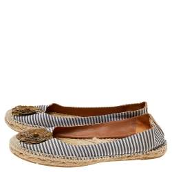 Pre Owned Tory Burch Beige/Blue Canvas Embellished Flats Size 38