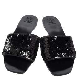 مملوكة مسبقًا صندل سلايد فلات توري برش ترتر فضي/أسود مقاس 41.5