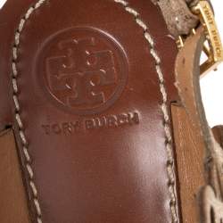 مملوكة مسبقًا Tory Burch Shimmery Gold Laser Cut Leather Nori Cork Wedges Platform Sandals Size 39