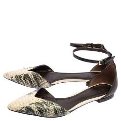Pre Owned Tory Burch Green/Beige Python Embossed Leather Pointed Toe Ankle Strap Flats Size 37.5