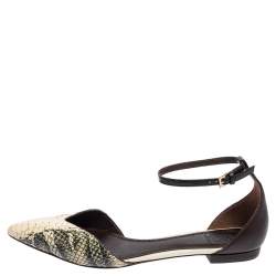 Pre Owned Tory Burch Green/Beige Python Embossed Leather Pointed Toe Ankle Strap Flats Size 37.5