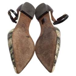 Pre Owned Tory Burch Green/Beige Python Embossed Leather Pointed Toe Ankle Strap Flats Size 37.5