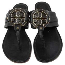 Pre Owned صندل توري برش فلات بإصبع أماندا جلد أسود مقاس 41