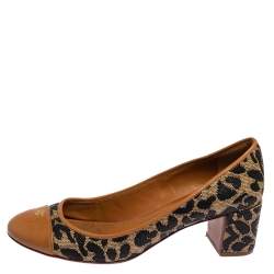 Pre Owned Tory Burch Brown/Beige Leopard Print Woven and Leather Raffia Ethel Block Heel Pumps Size 39