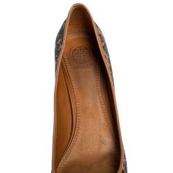 Pre Owned Tory Burch Brown/Beige Leopard Print Woven and Leather Raffia Ethel Block Heel Pumps Size 39