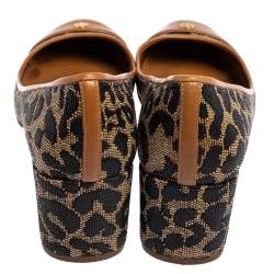 Pre Owned Tory Burch Brown/Beige Leopard Print Woven and Leather Raffia Ethel Block Heel Pumps Size 39