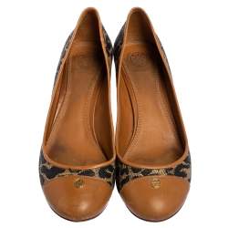 Pre Owned Tory Burch Brown/Beige Leopard Print Woven and Leather Raffia Ethel Block Heel Pumps Size 39