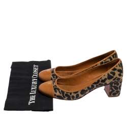 Pre Owned Tory Burch Brown/Beige Leopard Print Woven and Leather Raffia Ethel Block Heel Pumps Size 39