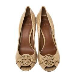 Pre Owned حذاء كعب عالي توري برش جوليان جلد نقشة السحلية كريمي كعب روكي مقاس 39