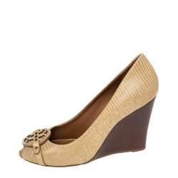 Pre Owned حذاء كعب عالي توري برش جوليان جلد نقشة السحلية كريمي كعب روكي مقاس 39