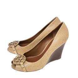 Pre Owned حذاء كعب عالي توري برش جوليان جلد نقشة السحلية كريمي كعب روكي مقاس 39