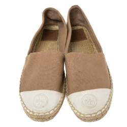 Pre Owned Tory Burch Beige/White Canvas Cap Toe  Espadrille Fats Size 38.5