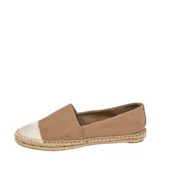Pre Owned Tory Burch Beige/White Canvas Cap Toe  Espadrille Fats Size 38.5