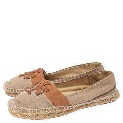 Pre Owned Tory Burch Beige/Brown Canvas Espadrille Flats Size 37