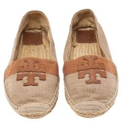 Pre Owned Tory Burch Beige/Brown Canvas Espadrille Flats Size 37