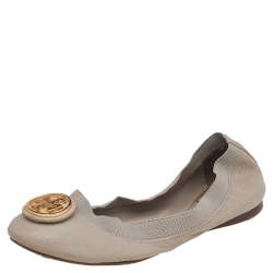 Tory Burch Grey Leather Carolina Scrunch Ballet Flats Size 37