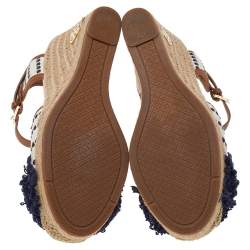 Pre Owned Tory Burch White/Blue Canvas And Leather Wedge Espadrille Ankle Strap Sandals Size 38.5