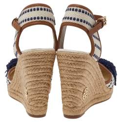 Pre Owned Tory Burch White/Blue Canvas And Leather Wedge Espadrille Ankle Strap Sandals Size 38.5