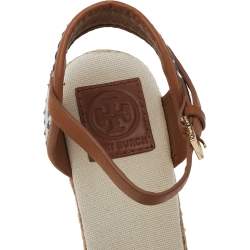 Pre Owned Tory Burch White/Blue Canvas And Leather Wedge Espadrille Ankle Strap Sandals Size 38.5