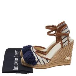Pre Owned Tory Burch White/Blue Canvas And Leather Wedge Espadrille Ankle Strap Sandals Size 38.5