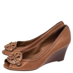 Pre Owned Tory Burch Brown Leather Julianne Peep Toe Wedge Pumps Size 38